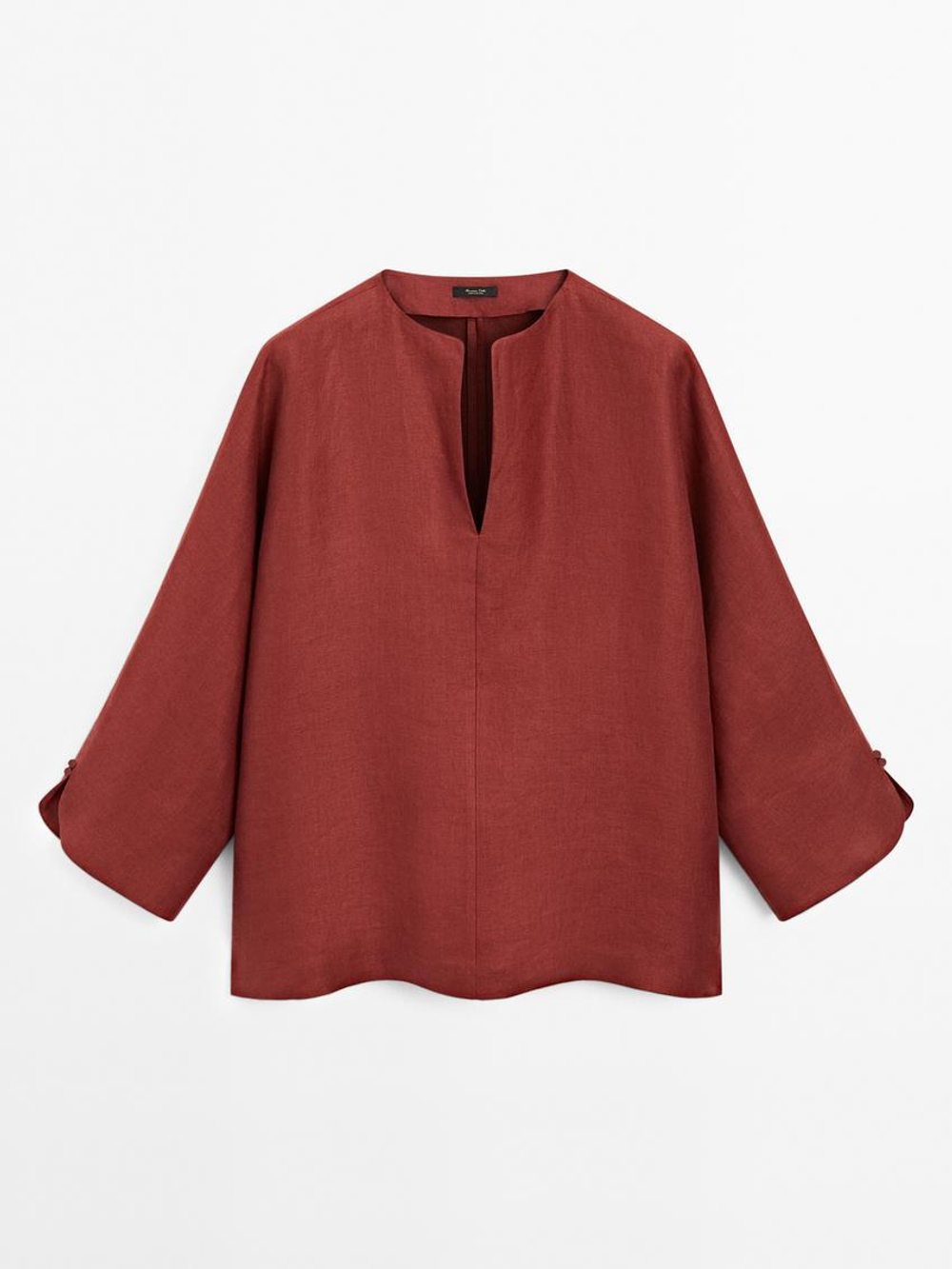 Massimo Dutti Блузка из 100% льна с V-образным вырезом, малиновый