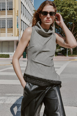 ZARA ТОП С УЗОРОМ «ГУСИНАЯ ЛАПКА», АСИММЕТРИЧНЫЙ НИЗ И КРУЖЕВО, ЧЕРНЫЙ/ЭКРЮ