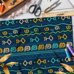 Ткань таффета разноцветные символы и руны на тёмно-синем фоне