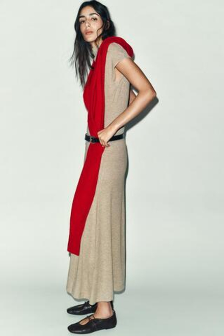 ZARA МАКСИ-ПЛАТЬЕ С ВОРОТНИКОМ-СТОЙКОЙ, ЭКРЮ