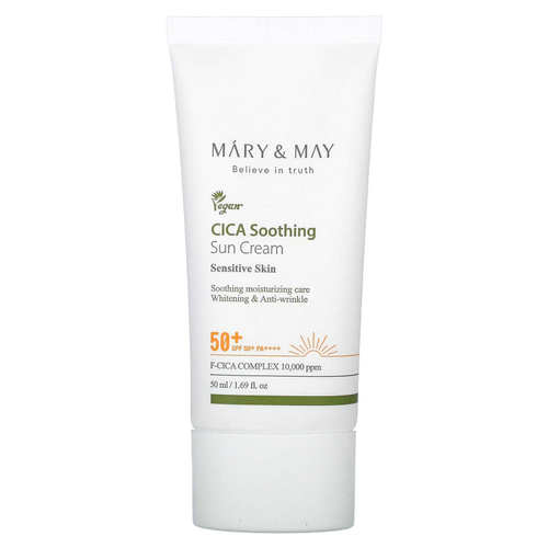 Mary & May, CICA Успокаивающий солнцезащитный крем, для чувствительной кожи, SPF 50+ PA ++++, 50 мл (1,69 жидк. унц.)