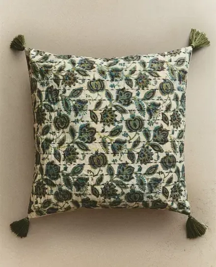 ZARA HOME НАВОЛОЧКА ДЛЯ ДЕКОРАТИВНОЙ ПОДУШКИ С КИСТОЧКАМИ, ЗЕЛЕНЫЙ