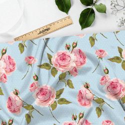 Ткань шелк Армани нежные розы на голубом