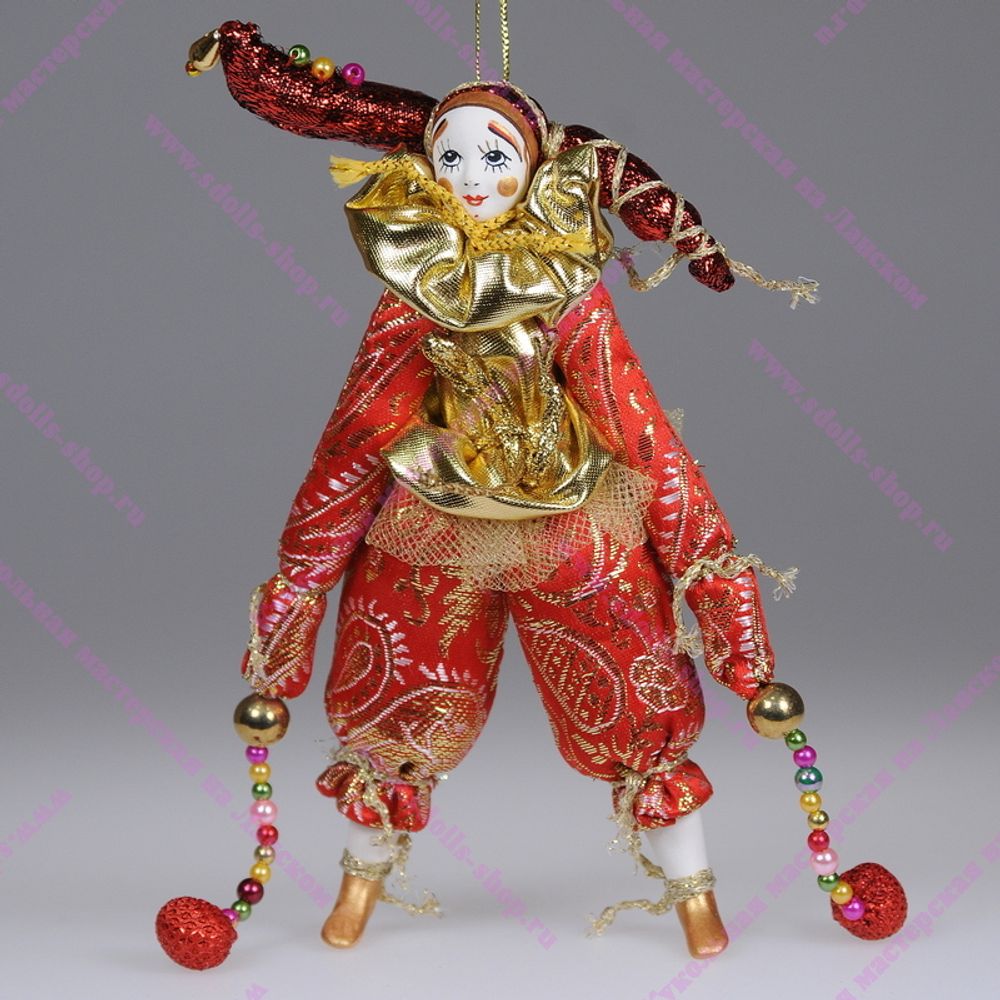 Ёлочная игрушка Клоун парчовый в двурогом колпачке