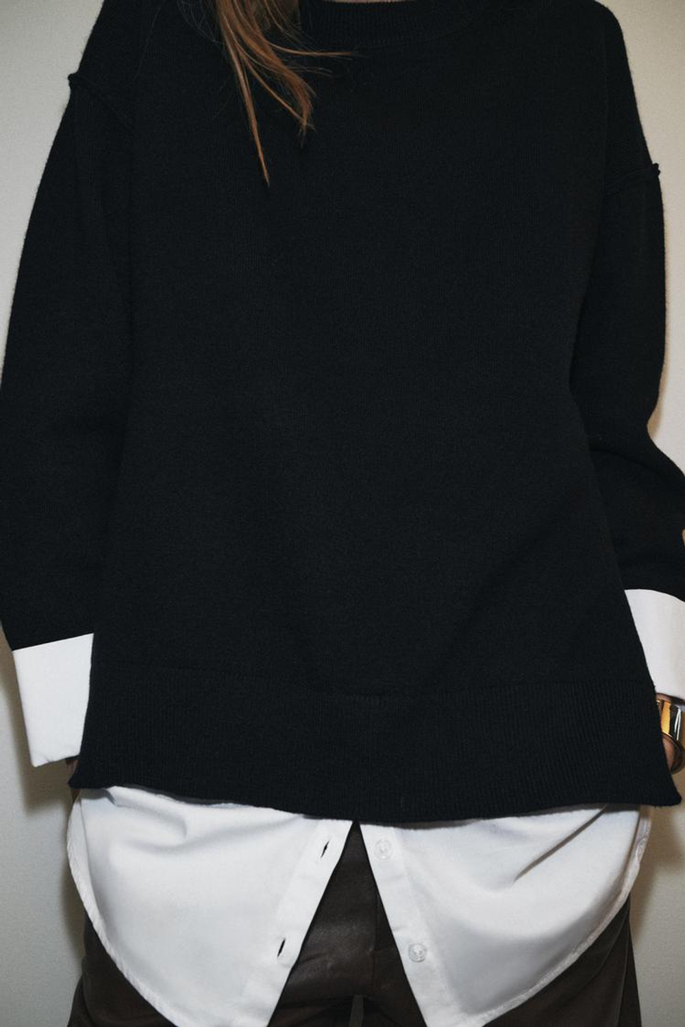 ZARA СВИТЕР С КОМБИНИРОВАННЫМ ПОПЛИНОМ, ТЕМНО-СИНИЙ/БЕЛЫЙ