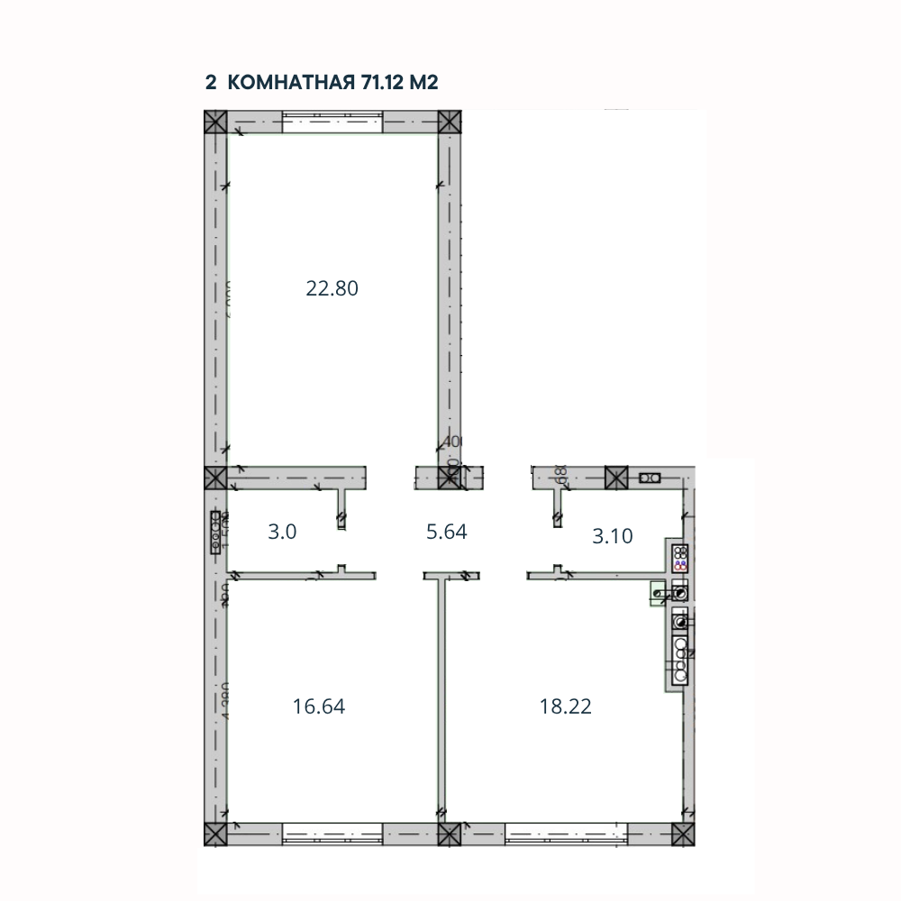 2-комн. квартира, 71,12 м²; 2,3 этажи 2-комн. квартира, 71,12 м²; 2,3 этажи