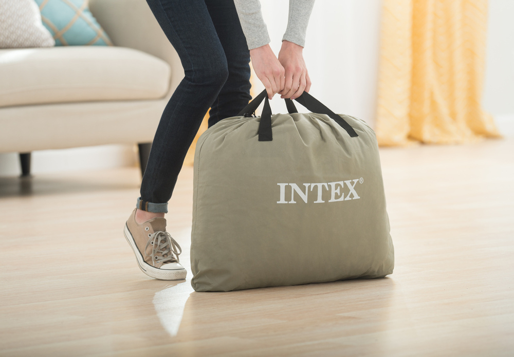 Надувная кровать двуспальная Intex 64124 (152х203х42 см) со встроенным насосом 220В, Матрас надувной велюровый с подголовником