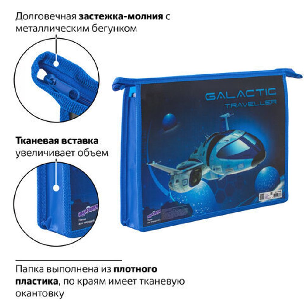 Папка для тетрадей ЮНЛАНДИЯ А4, 1 отделение, пластик, молния сверху, "Galactic traveller", 229105