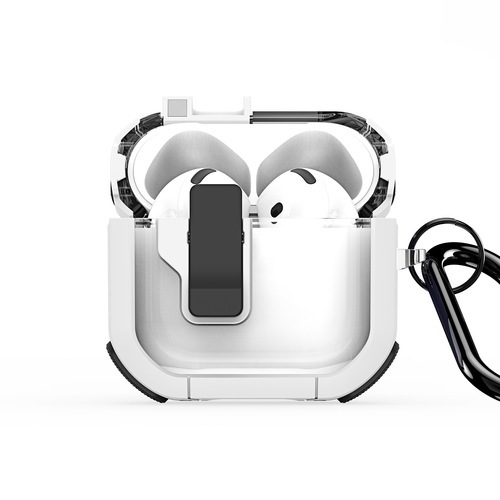 Прозрачный чехол белого цвета с черными вставками от Dux Ducis для наушников AirPods 4, серия PECN Series, в комплекте с карабином