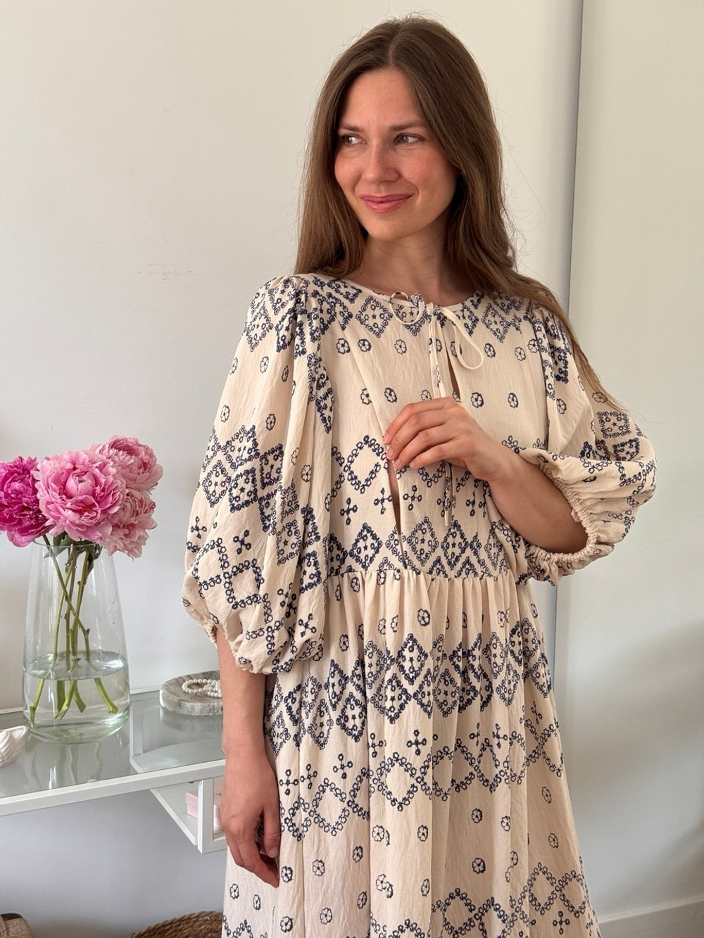 Платье Мари для беременных и кормящих, Кремовый с орнаментом