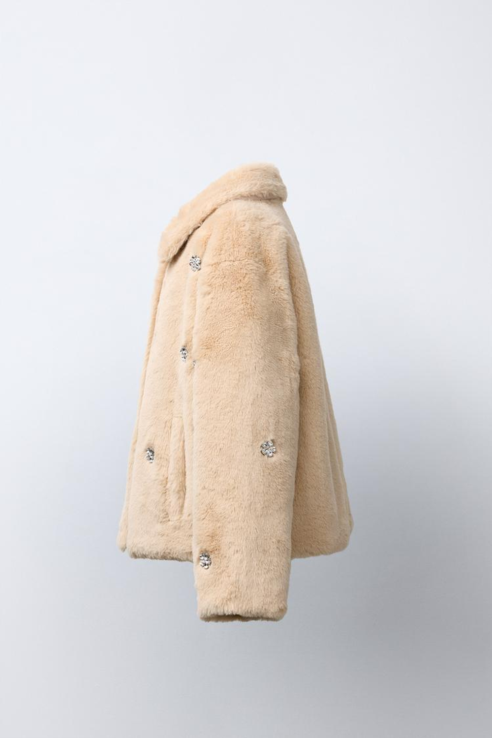 ZARA УКОРОЧЕННОЕ ПАЛЬТО ИЗ ИСКУССТВЕННОГО МЕХА СО СТРАЗАМИ, КАРАМЕЛЬНЫЙ