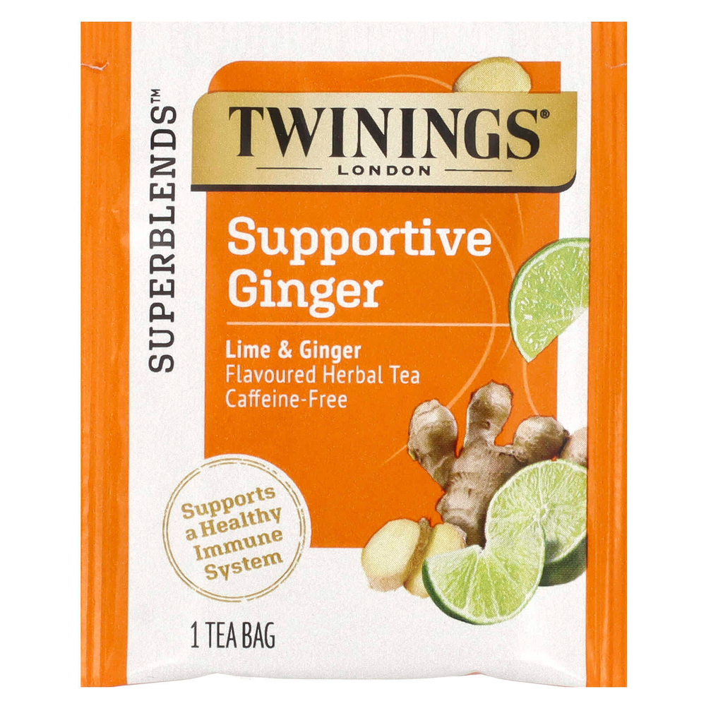Twinings, Support, травяной чай из белого гибискуса, лайм и имбирь, без кофеина, 18 чайных пакетиков, 27 г (0,95 унции)