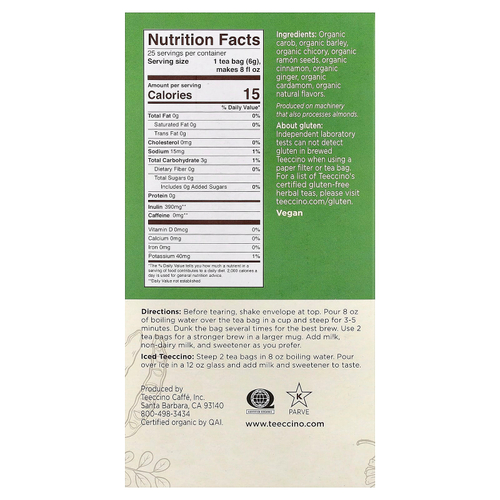 Teeccino, Органический жареный травяной чай, Maya Chai, без кофеина, 25 чайных пакетиков, 150 г (5,3 унции)