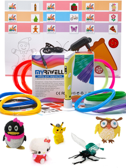 3D ручка Myriwell RP100B (цвет: желтый), набор пластика PLA 120 метров (10 цветов по 10 метров + 2 мотка светящегося пластика) и набор трафаретов для 3Д ручек