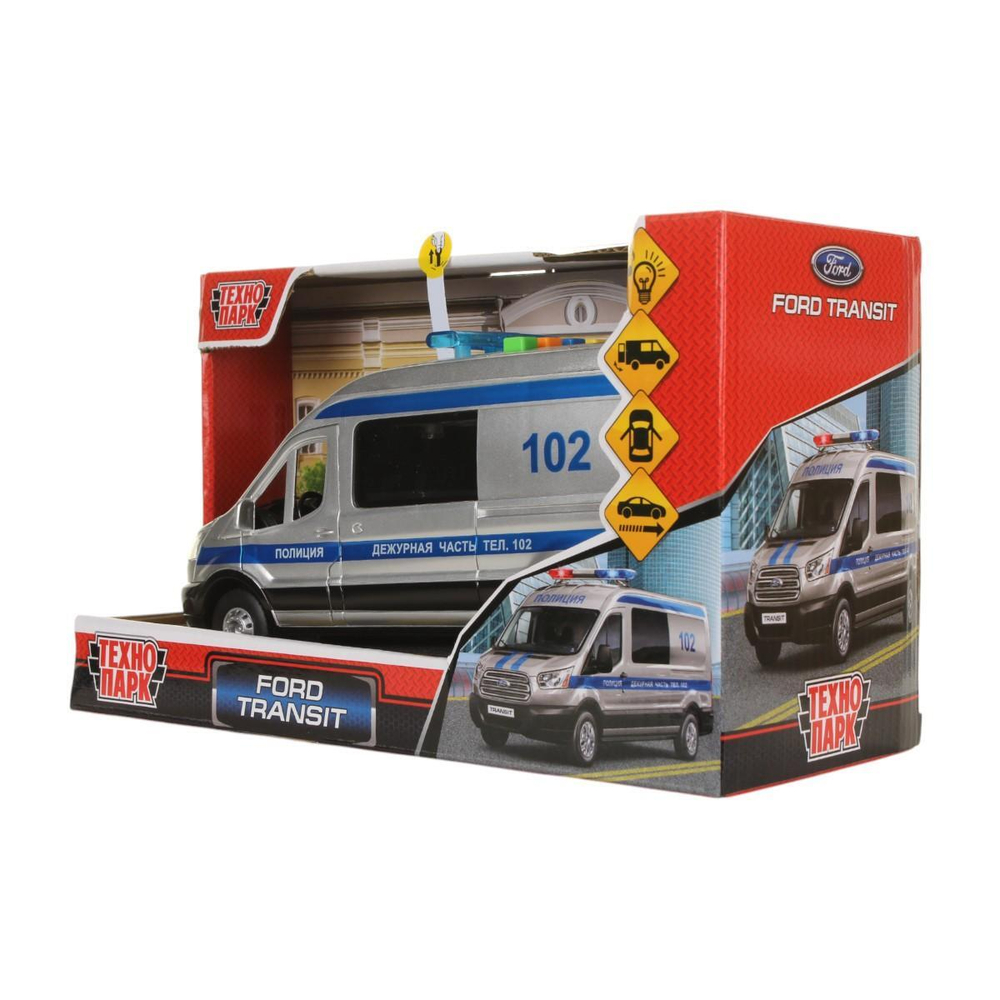 Модель ин. пласт. "Ford Transit. Полиция" 22,5см, двери, серебр, свет-звук, коробка (Технопарк)