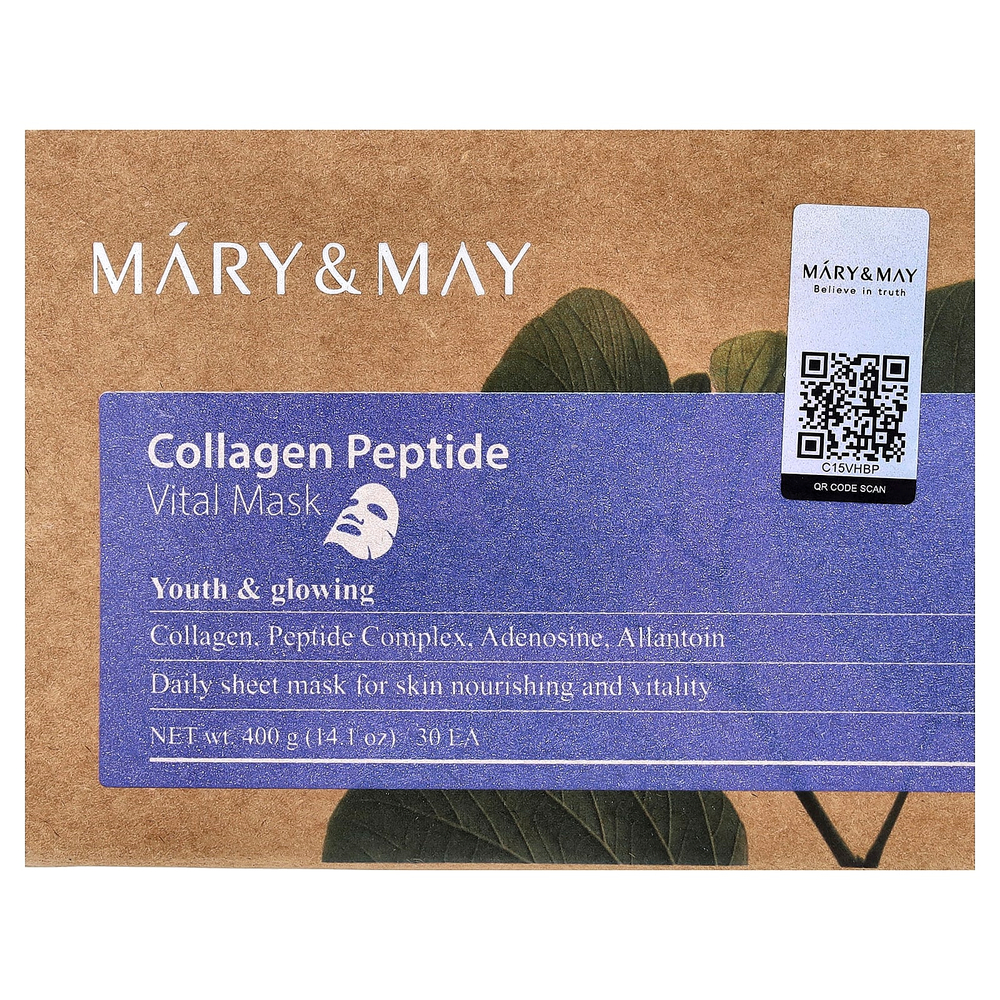 Mary & May, тонизирующая маска для лица с пептидами коллагена, 30 шт., 400 г (14,1 унции)