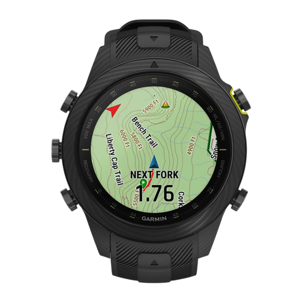 Спортивные часы Garmin MARQ Athlete (Gen 2) Carbon Edition, чёрный силиконовый ремешок Безель и корпус из углеродного волокна и титана, AMOLED-дисплей с куполообразным сапфировым стеклом. Ремешок с классической застёжкой — на запястье обхватом 135–213 мм