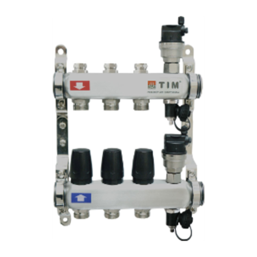 Коллектор из нержавеющей стали для отопления без расходомеров TIM 1" - 3/4" Евроконус - 3 выхода