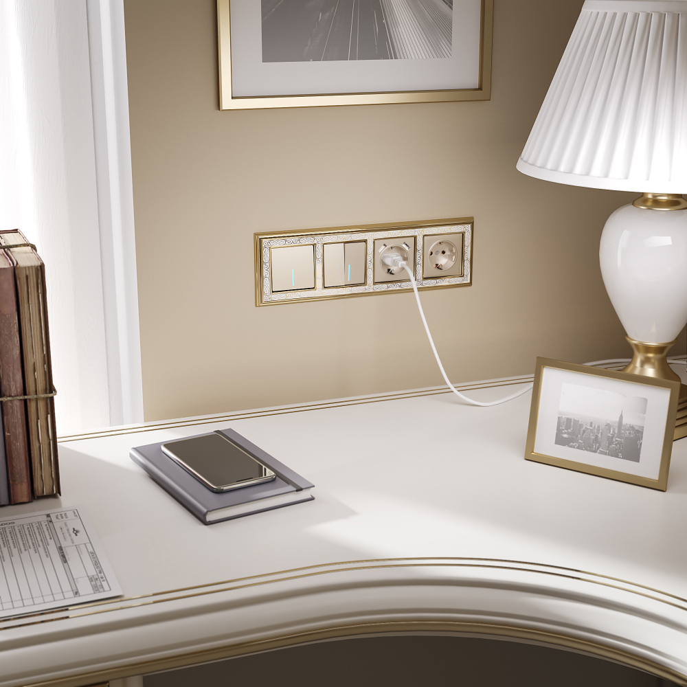 Розетка с заземлением и шторками (шампань)