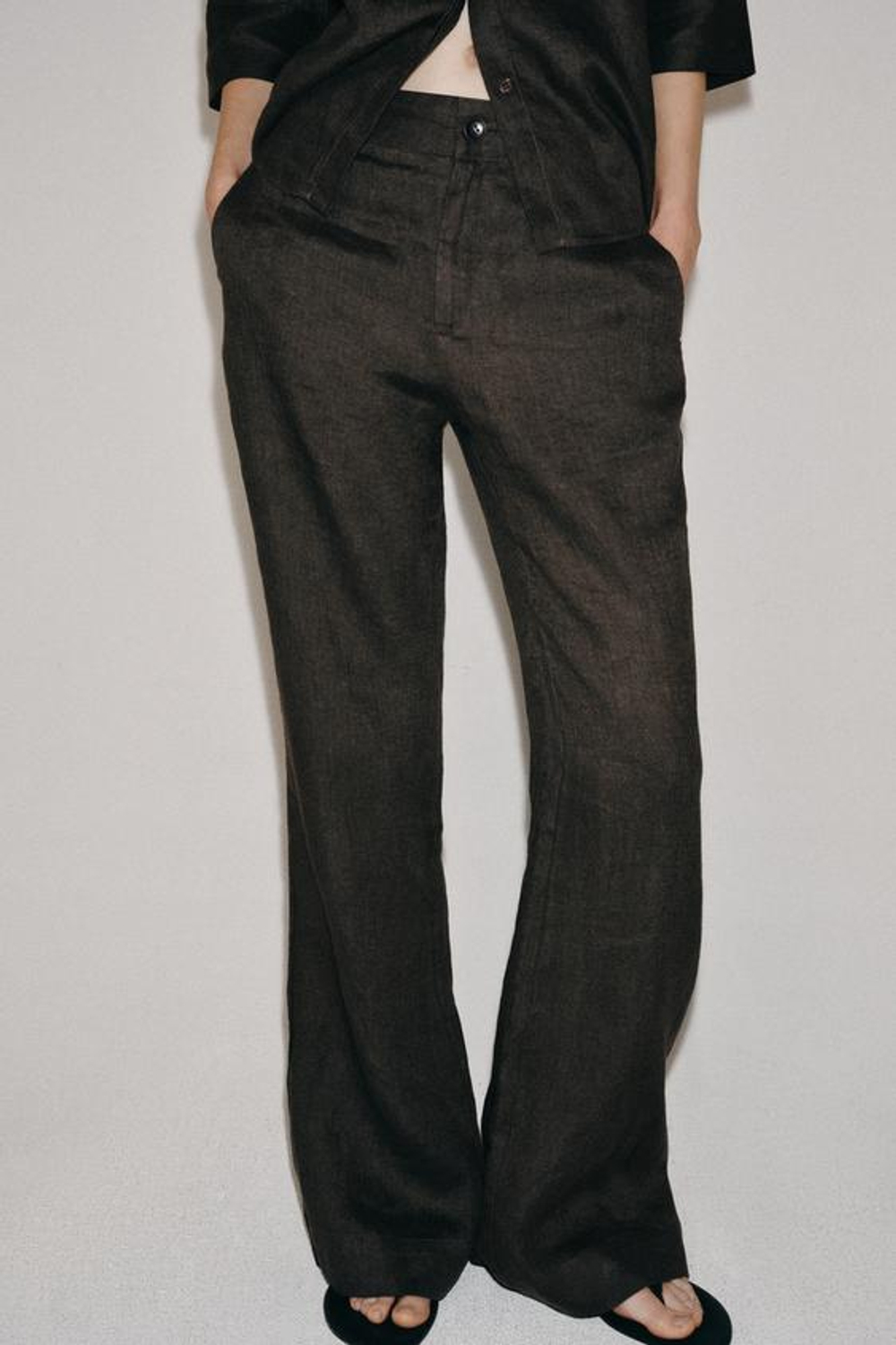 ZARA РАСКЛЕШЕННЫЕ БРЮКИ ИЗ ЛЬНА — ZW COLLECTION, СЕРО-КОРИЧНЕВЫЙ