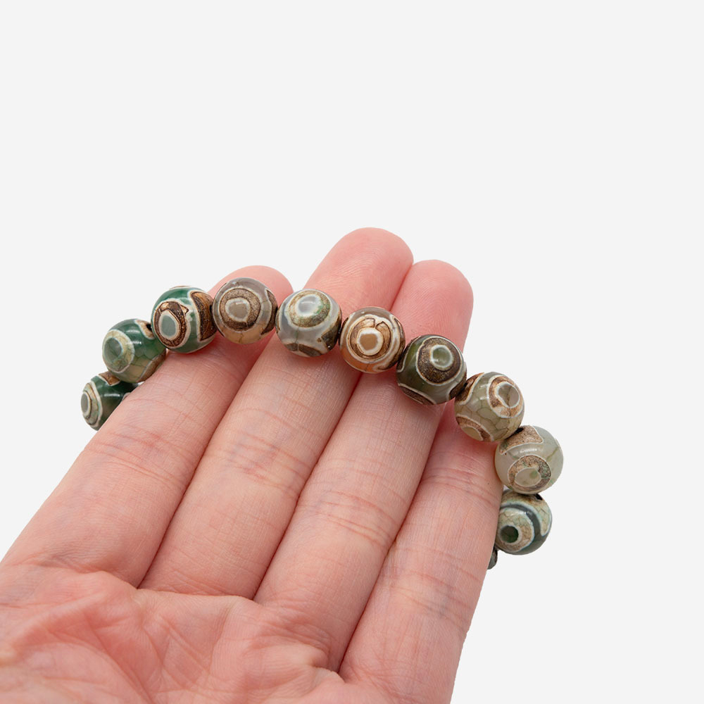Бусина Дзи "Три глаза" из агата, 10мм, бежево-зеленый