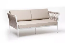 "Касабланка" диван 2-местный плетеный из роупа, каркас алюминий белый муар, роуп бежевый 20мм, ткань бежевая 15052