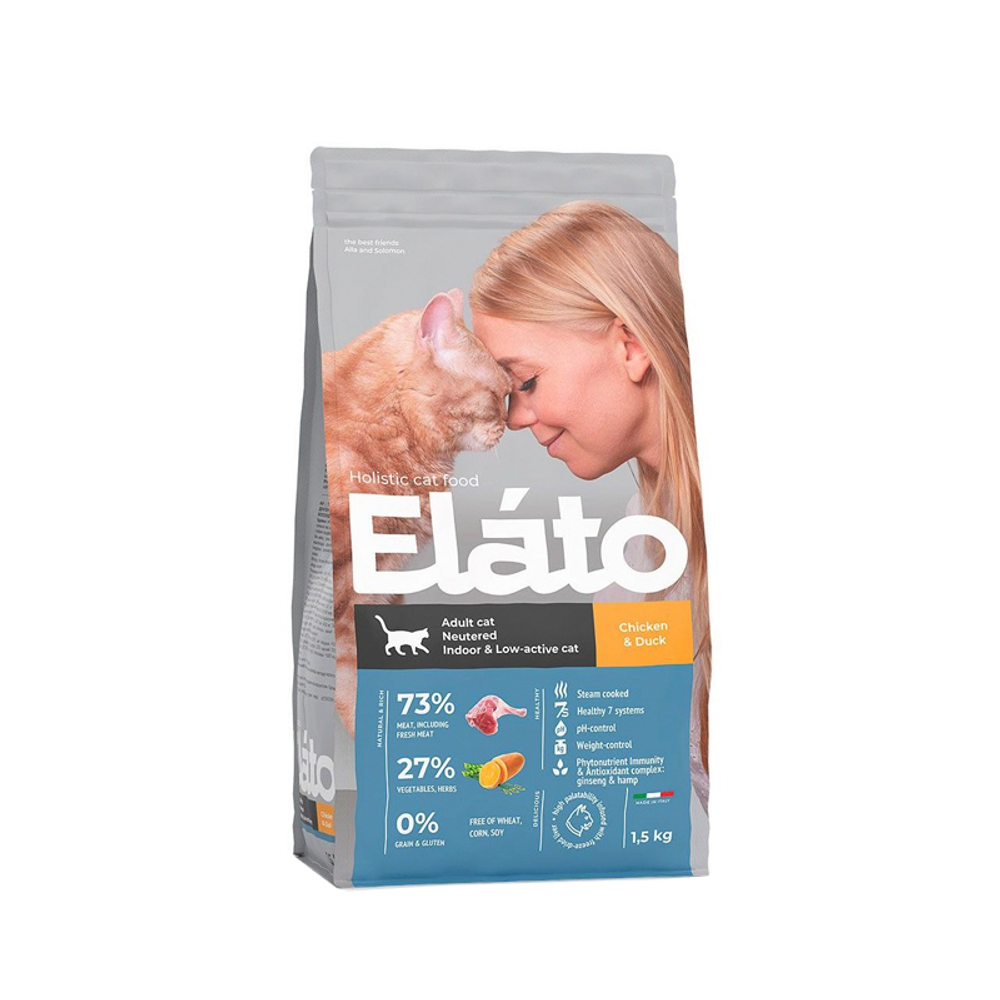 Сухой корм для взрослых кастрированных котов и стерилизованных или малоактивных кошек Курица и утка Elato Holistic