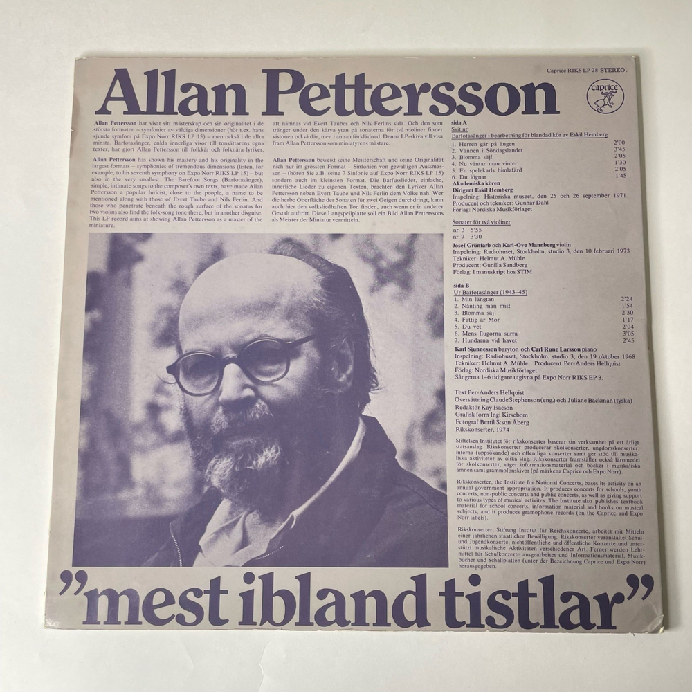 Винтажная виниловая пластинка LP Allan Pettersson, Barfotasanger, Sonater For 2 Violiner (Швеция 1974)