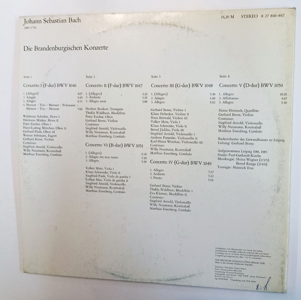 Винтажная виниловая пластинка LP Bach, Bachorchester Des Gewandhauses Zu Leipzig, Gerhard Bosse Die Brandenburgischen Konzerte 2LP (GDR 1985)