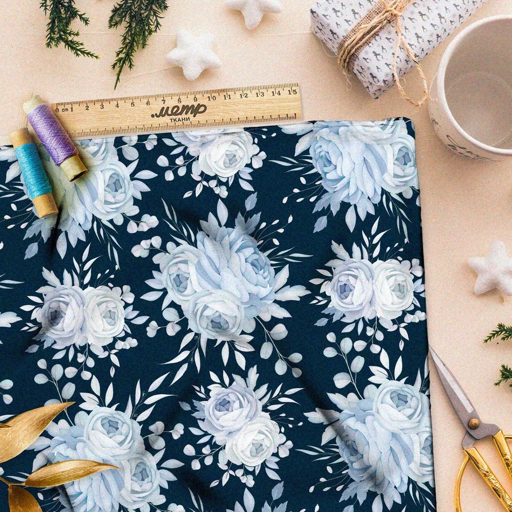 Ткань шелк Армани голубые пионы на синем фоне