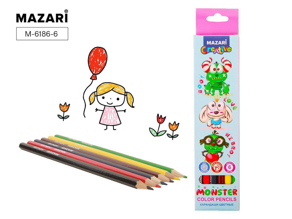 Карандаши 6цв. деревянные "Monster" шестигран. d грифеля = 2.65 мм, коробка с европодв. (Mazari)