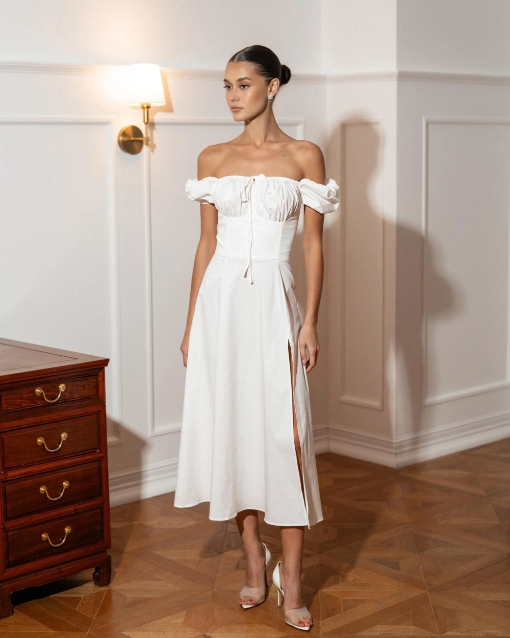 Платье с воланами макси, белый