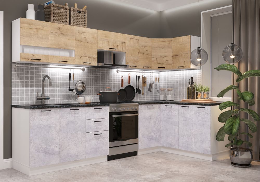 Модульный кухонный гарнитур «Дуся» 3000/1600 (дуб бунратти/цемент), ЛДСП, ДСВ Мебель