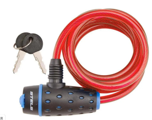 Трос-замок 8х1800мм 87318 STELS с ключом со стальным тросом, чёрно-красный