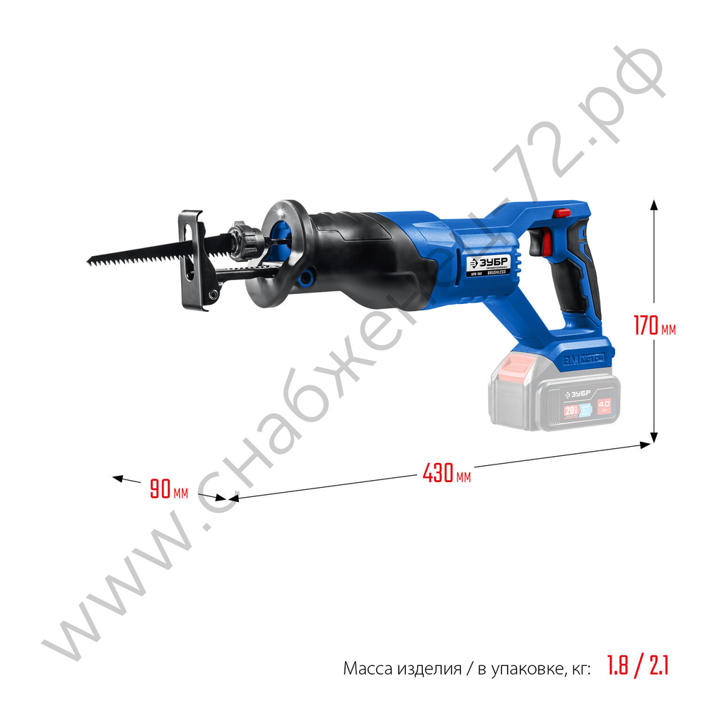 ЗУБР Т7, 20 В, 180 мм, без АКБ, бесщеточная пила сабельная, Профессионал (SPB-180)