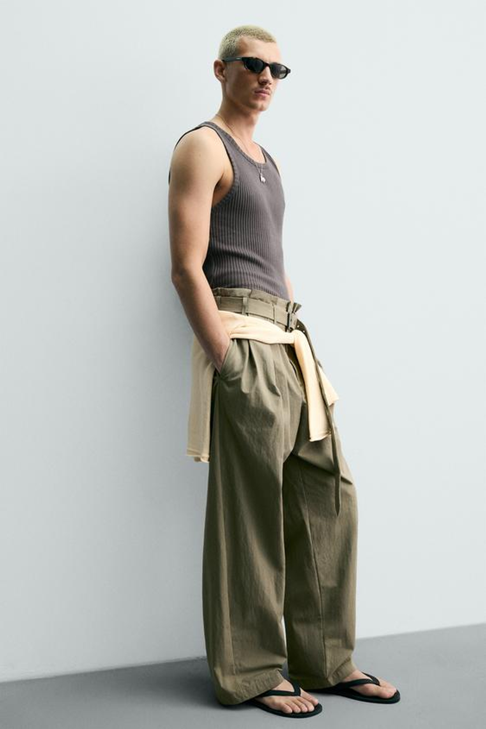 ZARA БРЮКИ WIDE-LEG СО СКЛАДКАМИ И РЕМНЕМ, НЕОНОВЫЙ ЗЕЛЕНЫЙ