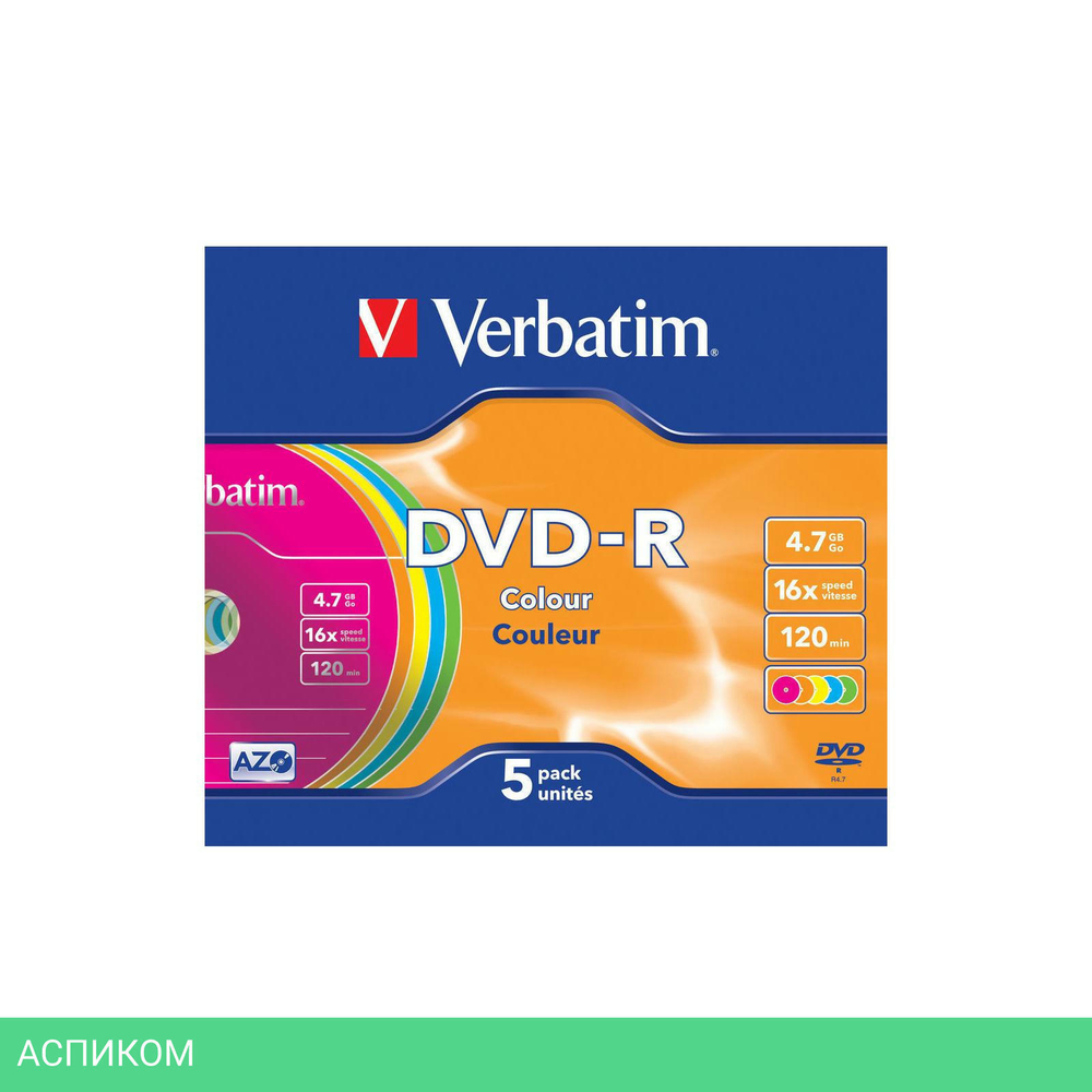 DVD-R диск Verbatim 4.7Gb 16x Slim case Color 5шт (43557)
