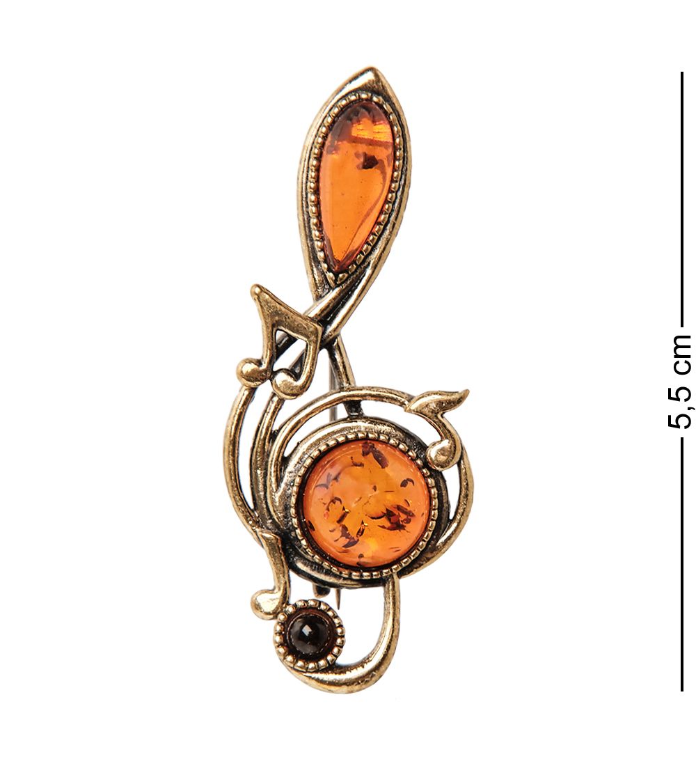 AM-1958 Брошь «Скрипичный ключ с нотами» (латунь, янтарь)