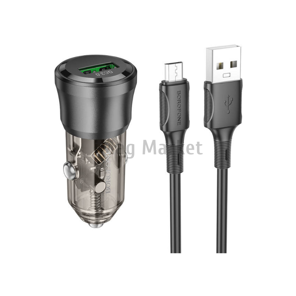 Автомобильное зарядное устройство Borofone BZ23, 1 USB-A, 18W, 3A + кабель micro-USB, 1 м, черный прозрачный