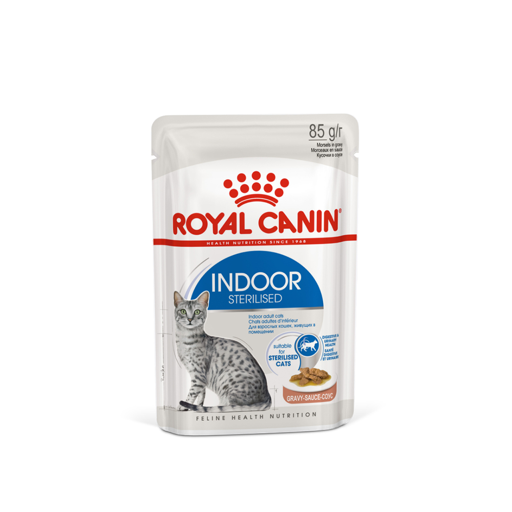 Корм консервированный Royal Canin полнорационный для взрослых кастрированных и стерилизованных кошек, живущих в помещении INDOOR STERILISED (ИНДОР СТЕРИЛАЙЗД), кусочки в соусе - 85 гр