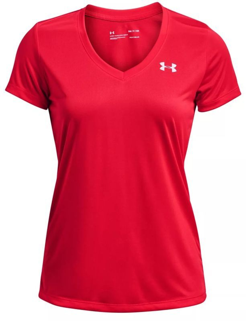 Женская футболка теннисная Under Armour Tech Short Sleeve V-Neck - radio red/metallic silver