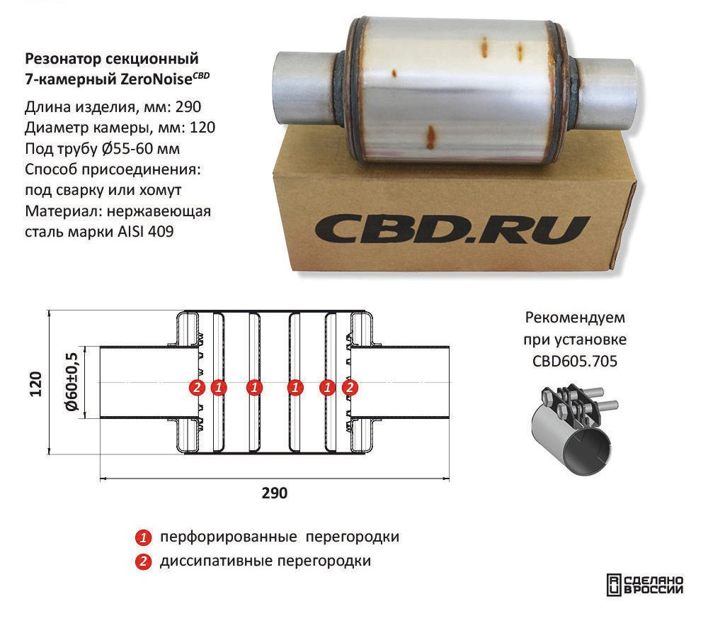 Резонатор ZeroNoise под трубу D60 Нержавеющий AISI 409 CBD512103