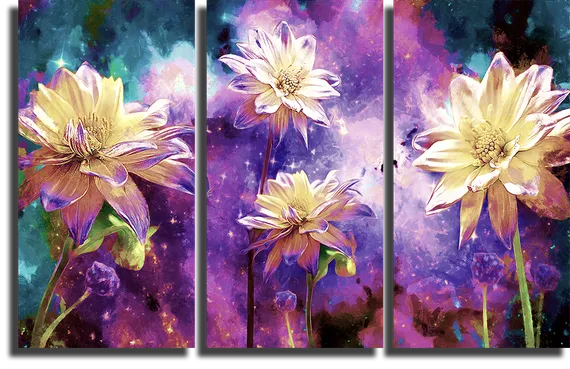 Модульная картина "Цветы на фоне галактики"