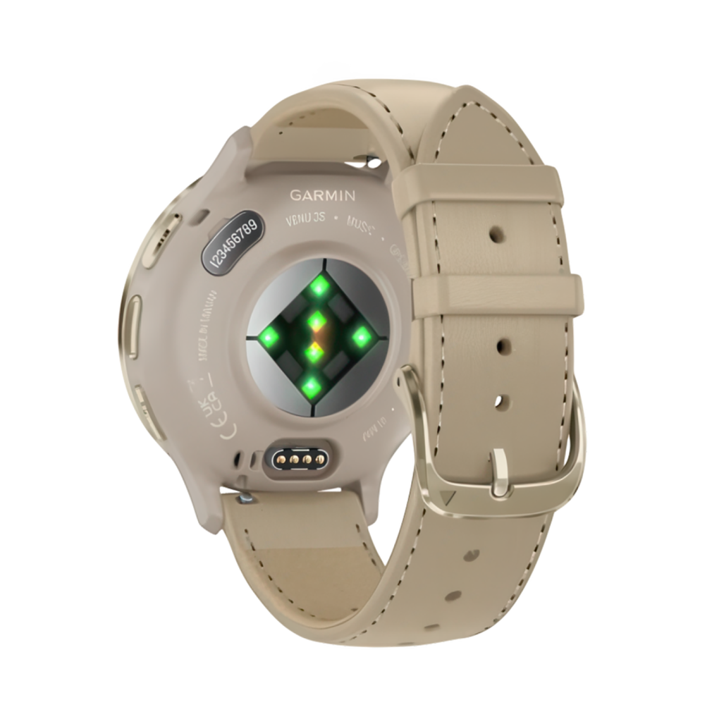 Спортивные часы Garmin Venu 3S, 41 мм, «французский серый» кожаный ремешок, «французский серый» силиконовый ремешок Безель из нержавеющей стали золотистого цвета, корпус цвета «французский серый», AMOLED-дисплей со стеклом Gorilla Glass. Ремешок с классич