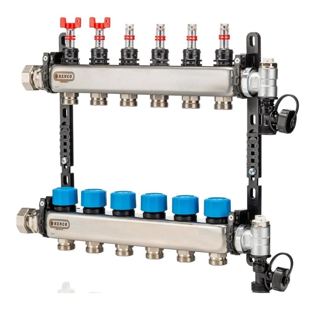 Коллектор HENCO(ХЕНКО) UFH-MDSS 1&quot;х3/4&quot;, 12вых., c термостат. клапанами, с расходомерами, сталь нерж