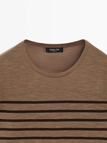 Massimo Dutti Футболка из смесового хлопка в полоску с длинными рукавами, светло-коричневый