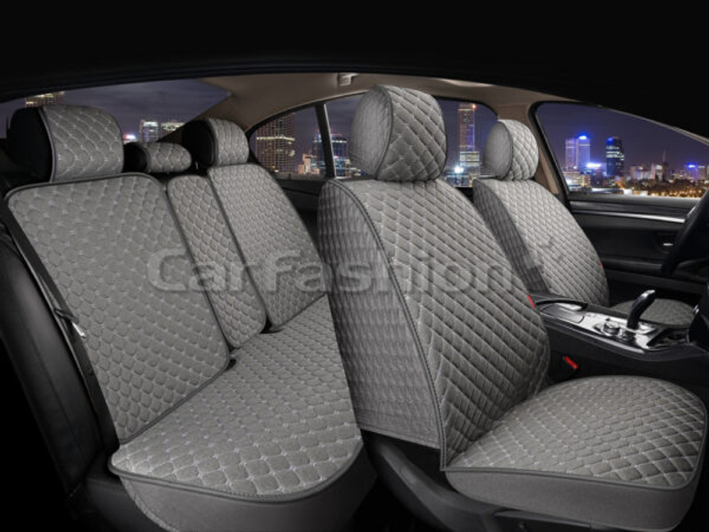 Накидки сидений ПОЛНЫЙ CarFashion (кт) -«LINEN CUBE PLUS» 22692 РОМБ -Панлён т.серый/т.серый/шов сер