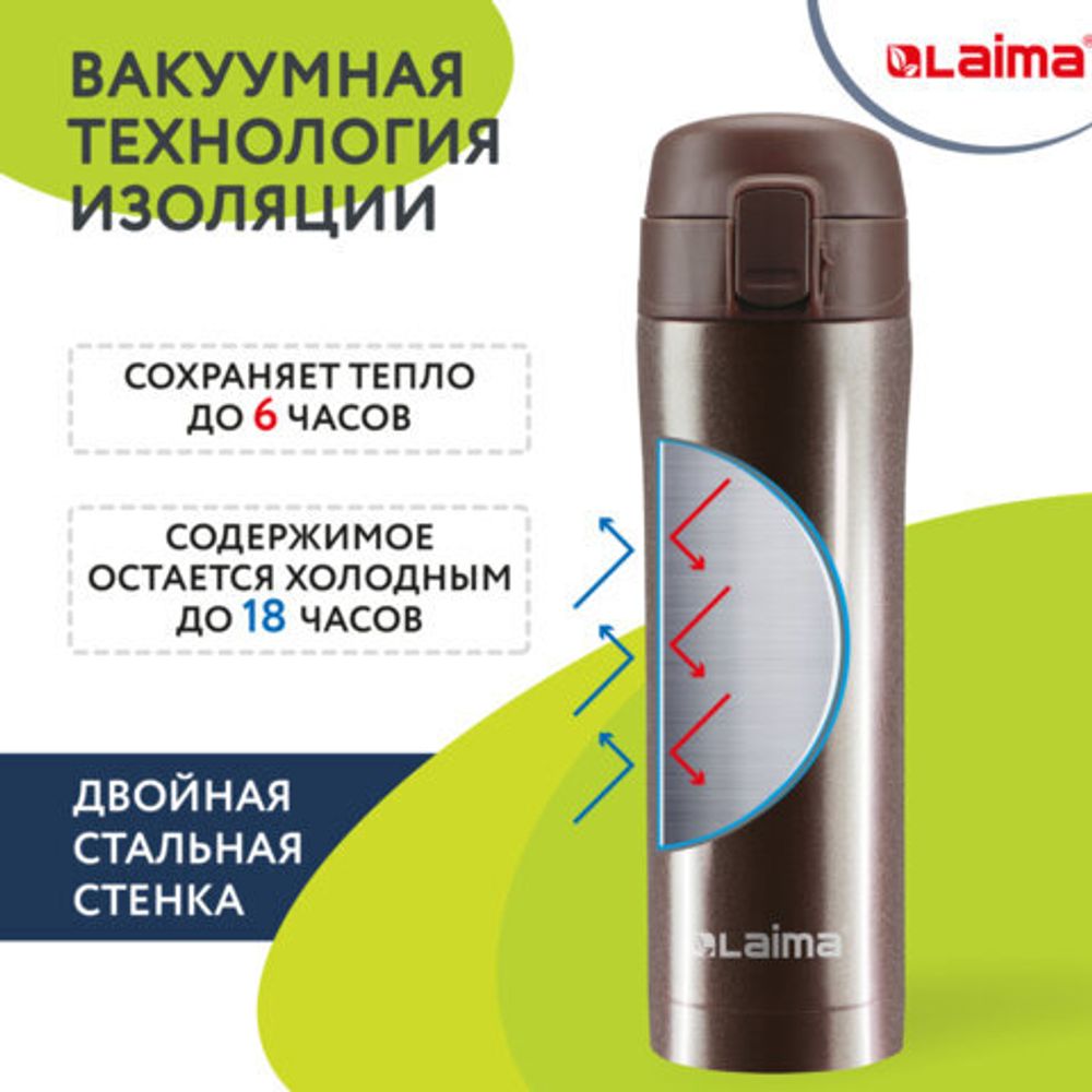 Термокружка 470 мл из нержавеющей стали SUS304, шоколадно-коричневый металлик, LAIMA, 608819