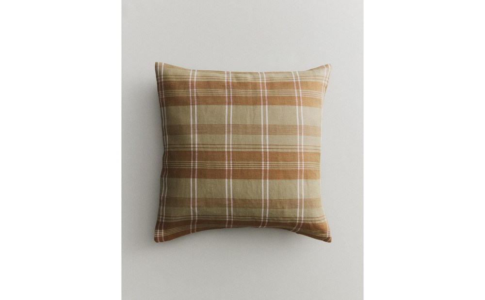 Zara Home наволочка декоративная из льна, зелёный, в клетку, 45x45 см