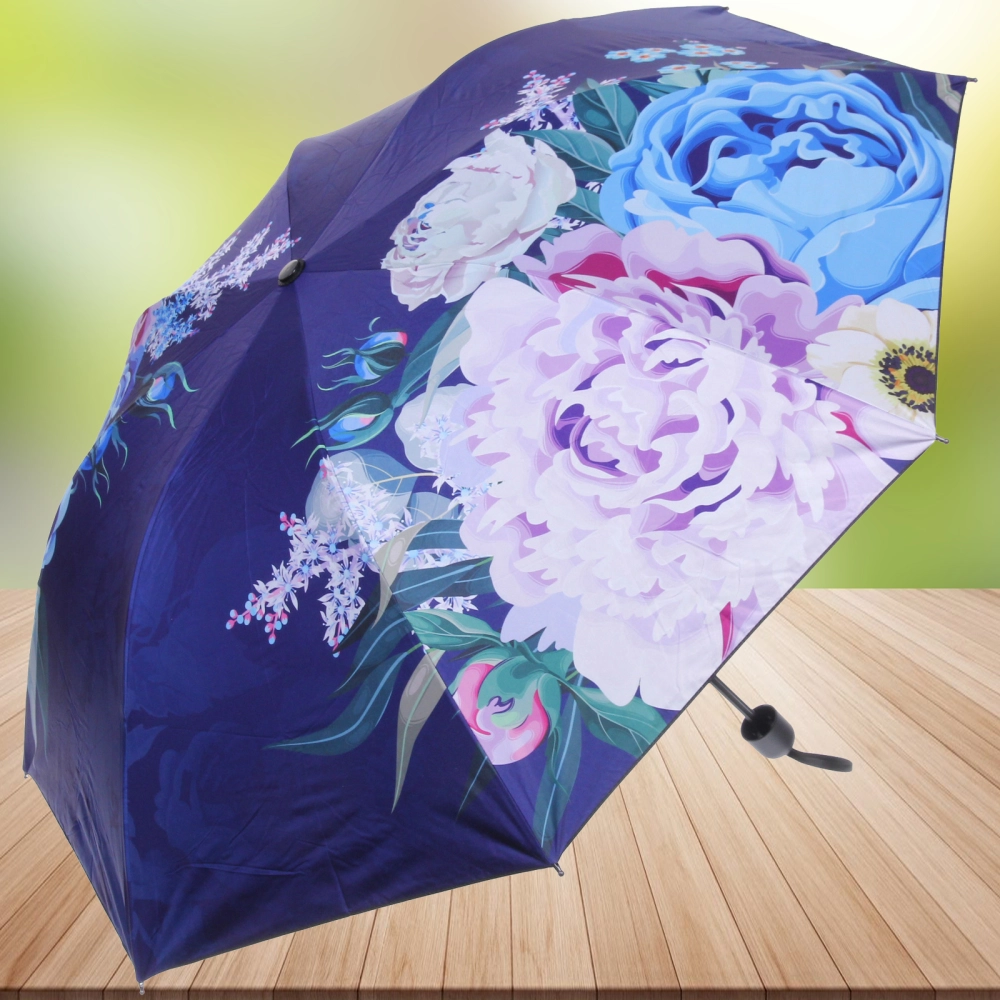 Зонт механический ветроустойчивый, матовая ручка «BESTzontik» цветы на темно синем, длина 25см, d-110см